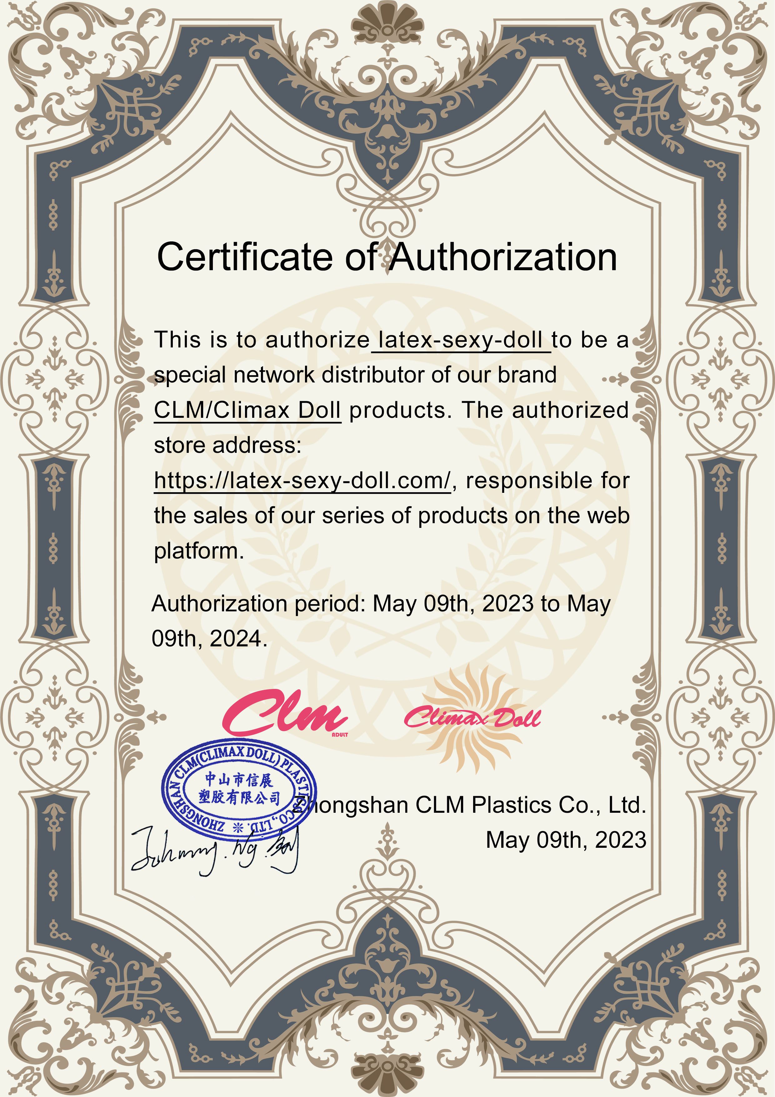 CLimax Doll Certificat